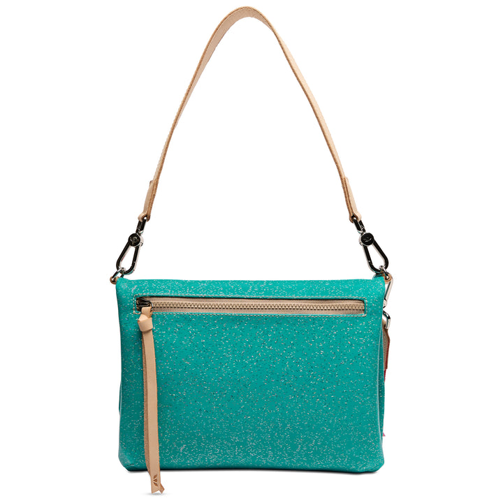 Consuela Shay Metro Crossbody back view with exterior zip pocket and adjustable strap, sparkling teal