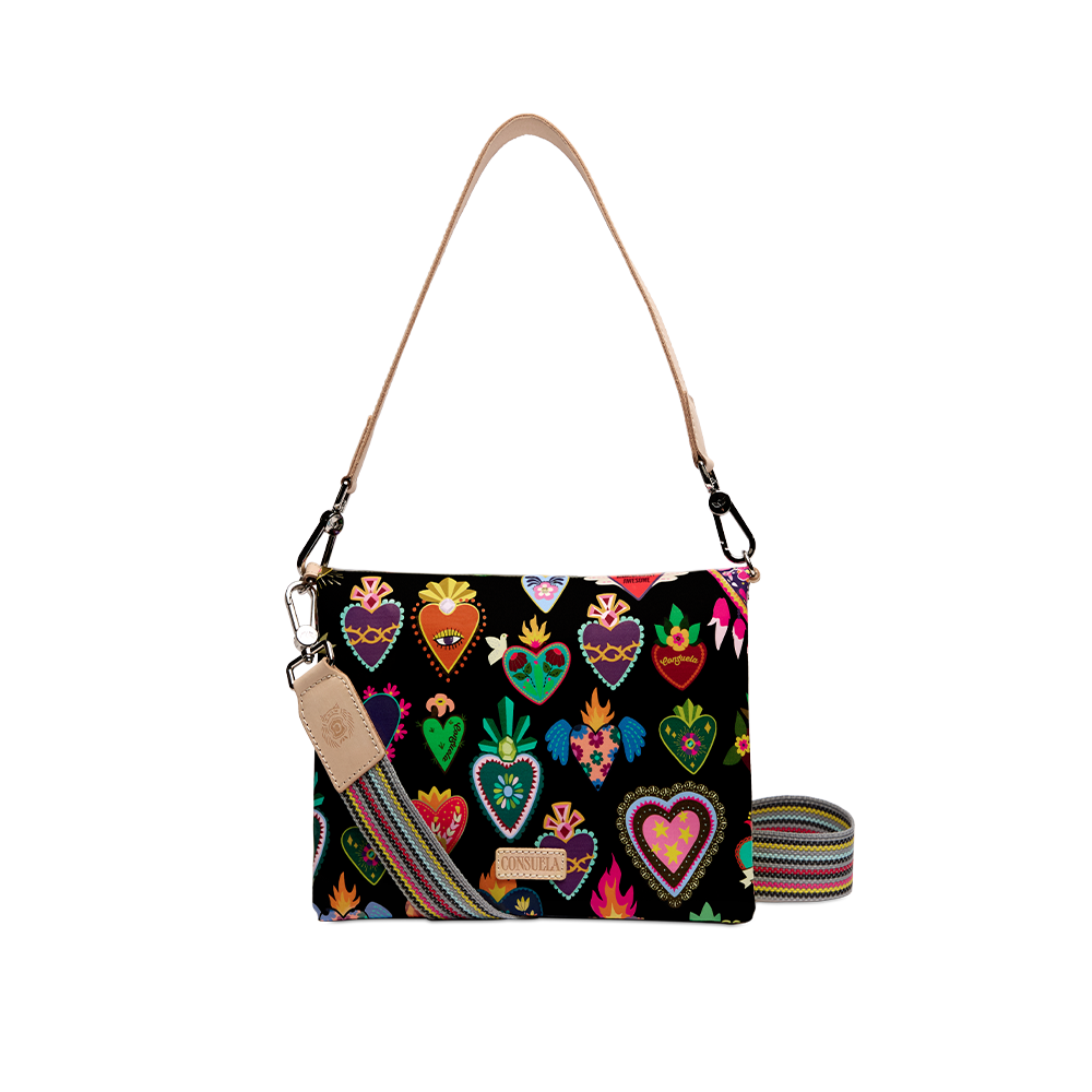 Consuela Vida Metro Crossbody front view of heart-print bag with colorful woven strap