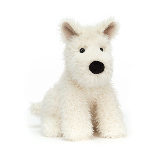 Jellycat Munro Scottie Dog Medium plush; creamy white tufty fur in a sitting position.