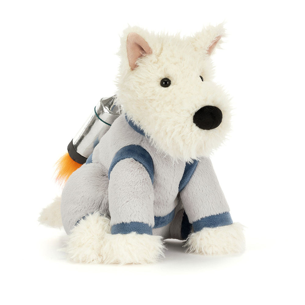 Jellycat Munro Scottie Dog plush wearing a shiny silver space outfit astronaut costume.