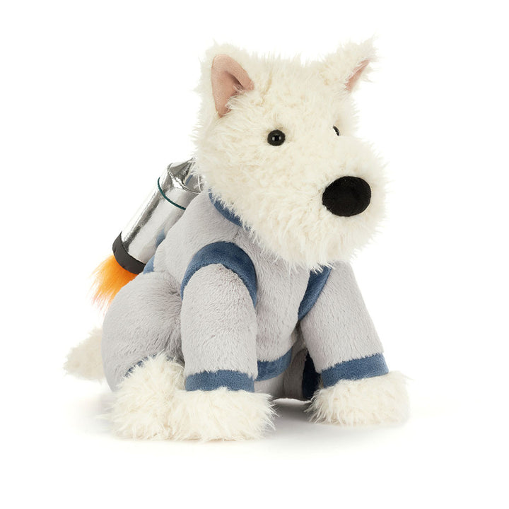 Jellycat Munro Scottie Dog plush wearing a shiny silver space outfit astronaut costume.
