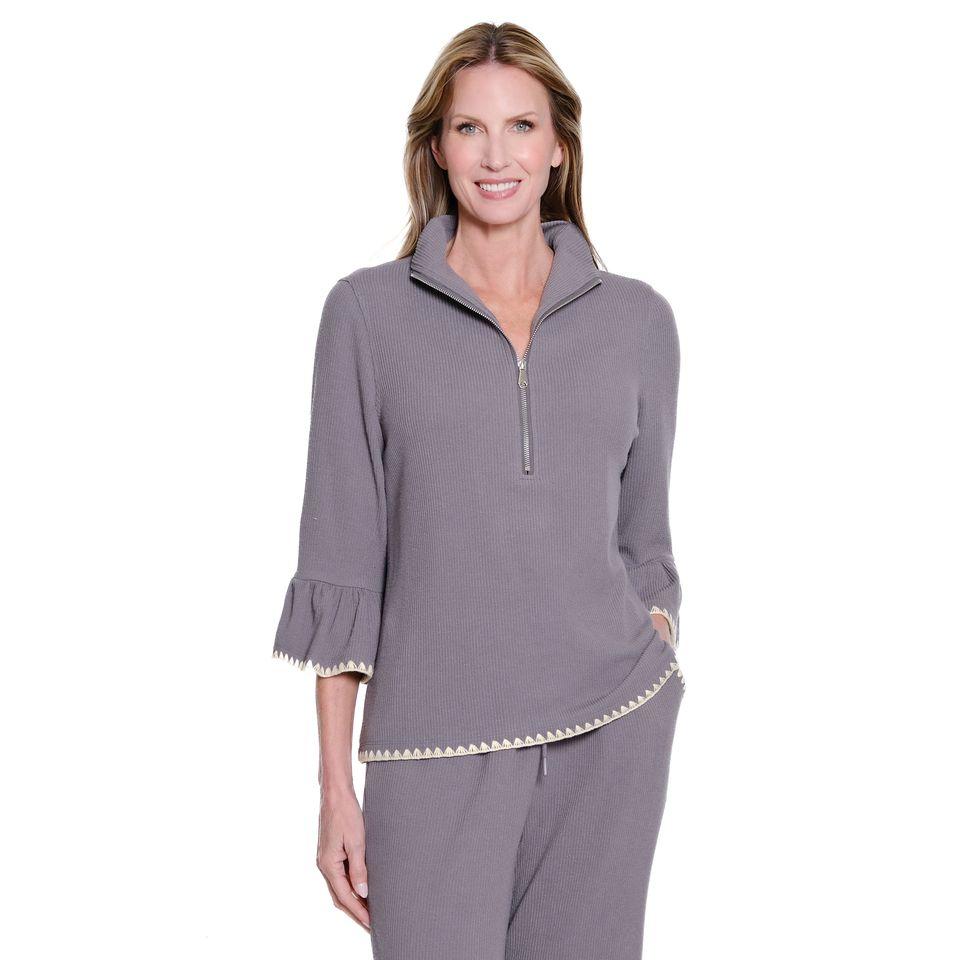 Multiples Zip Front Top & Wide Leg Pant Set – Granite (Snow Leopard Collection)