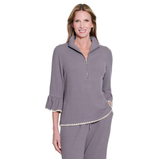 Multiples Zip Front Top & Wide Leg Pant Set – Granite (Snow Leopard Collection)