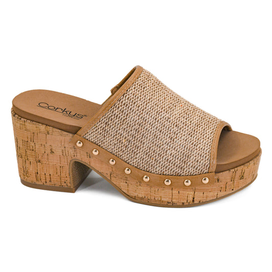 Corkys May I Help You honey raffia woven slide sandal with studded platform and comfortable heel.