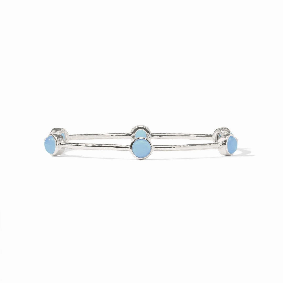 Julie Vos Milano Luxe Bangle in silver featuring a hand-hammered texture and iridescent crystal end caps.