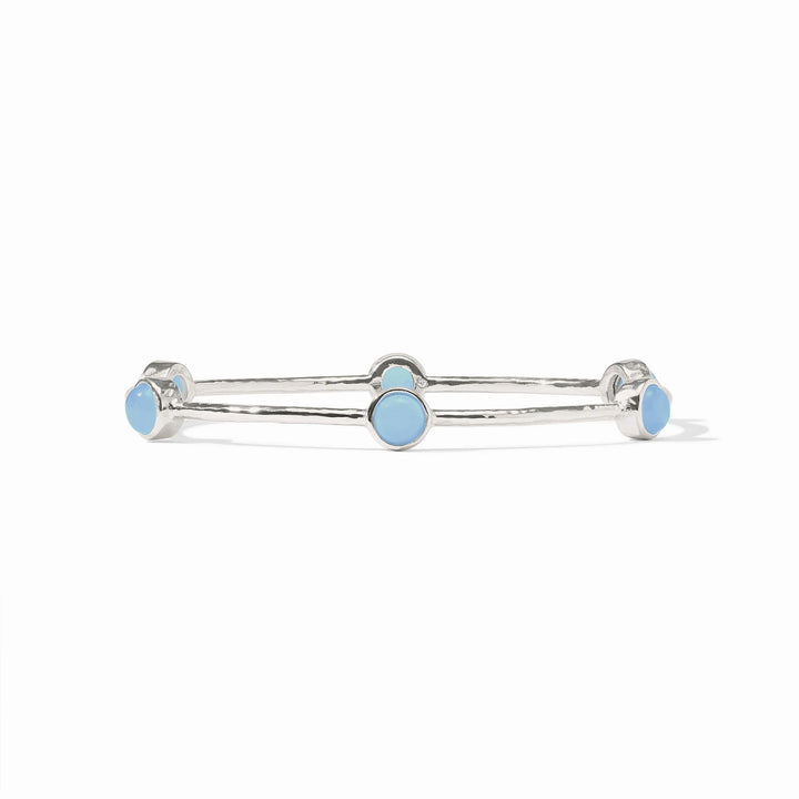 Julie Vos Milano Luxe Bangle in silver featuring a hand-hammered texture and iridescent crystal end caps.
