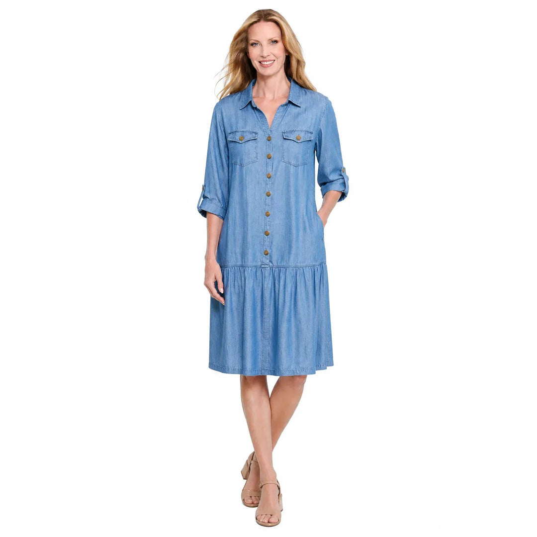 Multiples 4 Pocket Button Front Flounce Hem Dress in indigo denim featuring four pockets and a flounce hem.