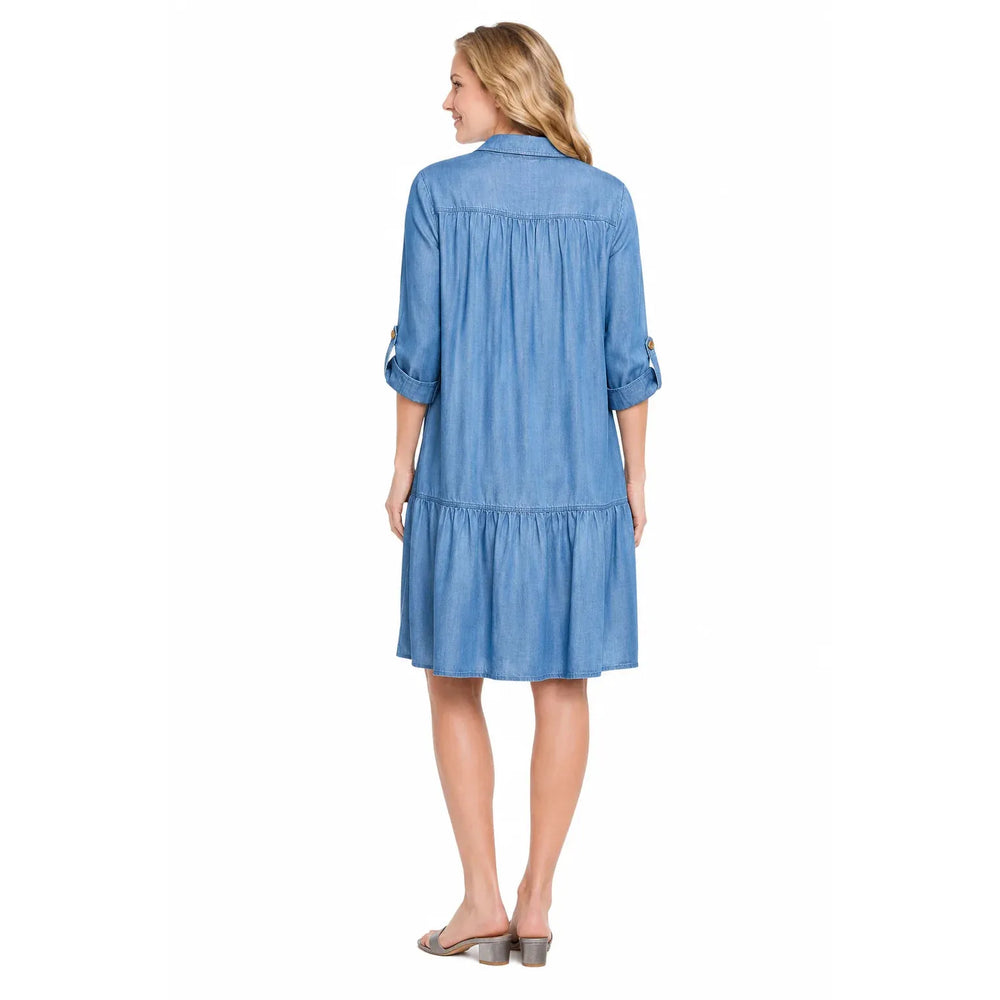 Multiples 4 Pocket Button Front Flounce Hem Dress in indigo denim featuring four pockets and a flounce hem.