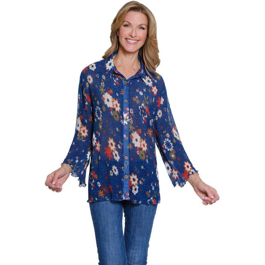 3/4 Sleeve Button Front Pleated Shirt