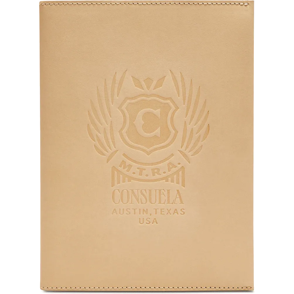 Consuela Diego Notebook Cover in natural tan leather; a reusable journal cover with an included composition notebook.