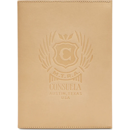 Consuela Diego Notebook Cover in natural tan leather; a reusable journal cover with an included composition notebook.