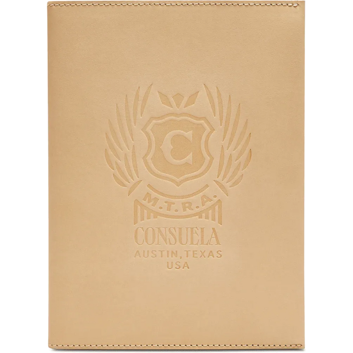 Consuela Diego Notebook Cover in natural tan leather; a reusable journal cover with an included composition notebook.