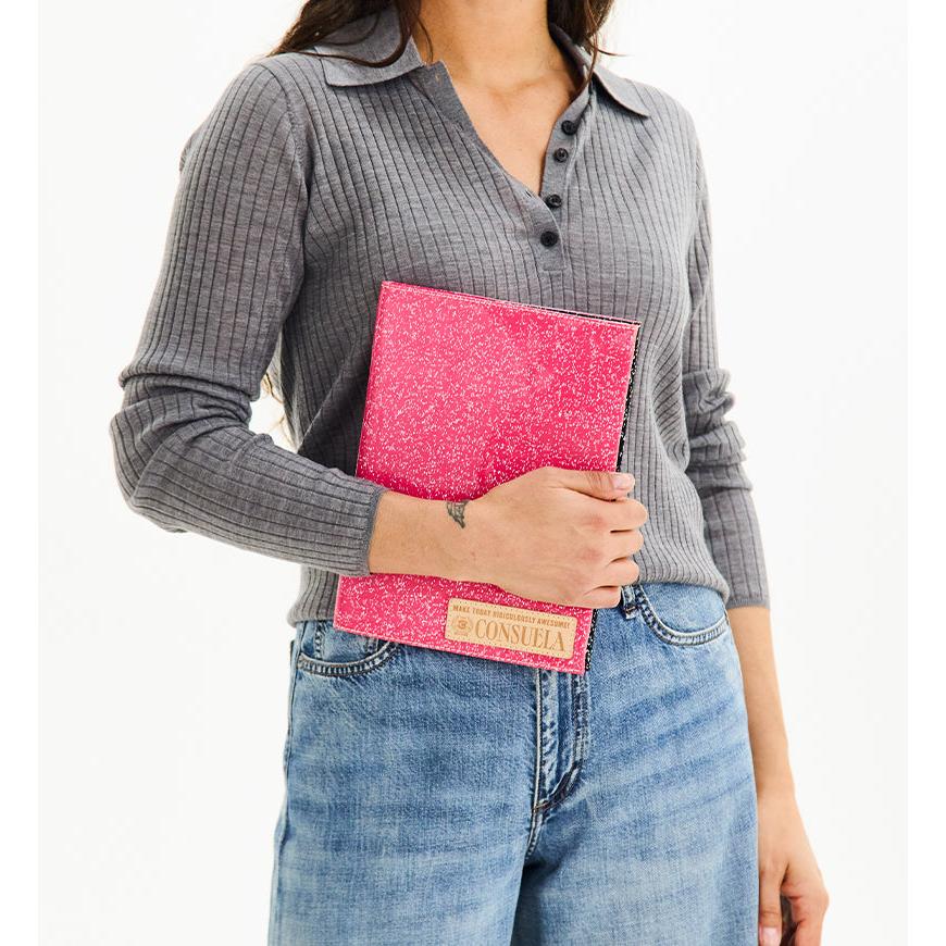 Consuela Bae Notebook Cover featuring a bright multicolored glitter exterior.