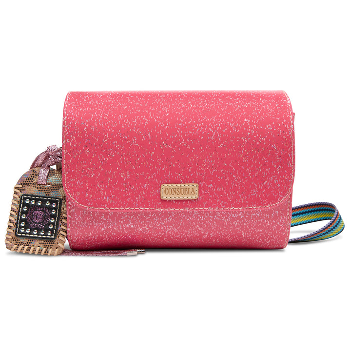 Consuela Bae On The Town mini messenger bag featuring a multicolored glitter exterior.