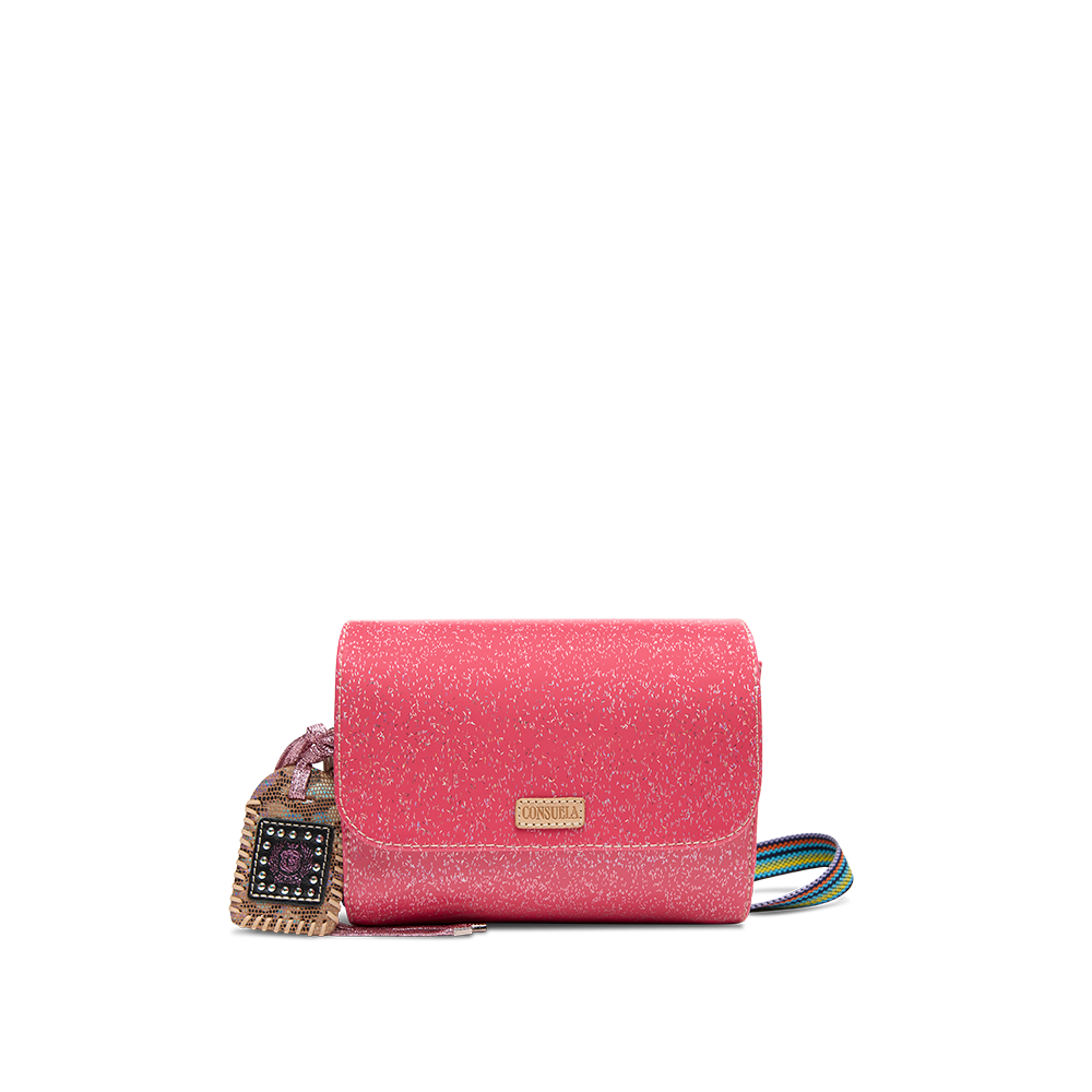 Consuela Bae On The Town mini messenger bag featuring a multicolored glitter exterior.
