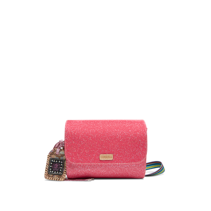 Consuela Bae On The Town mini messenger bag featuring a multicolored glitter exterior.
