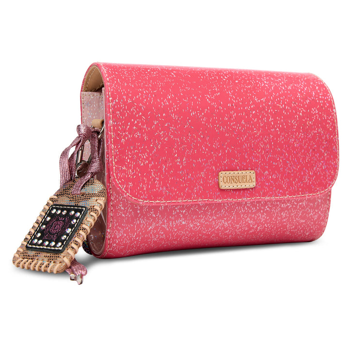 Consuela Bae On The Town mini messenger bag featuring a multicolored glitter exterior.