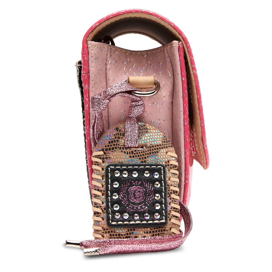 Consuela Bae On The Town mini messenger bag featuring a multicolored glitter exterior.