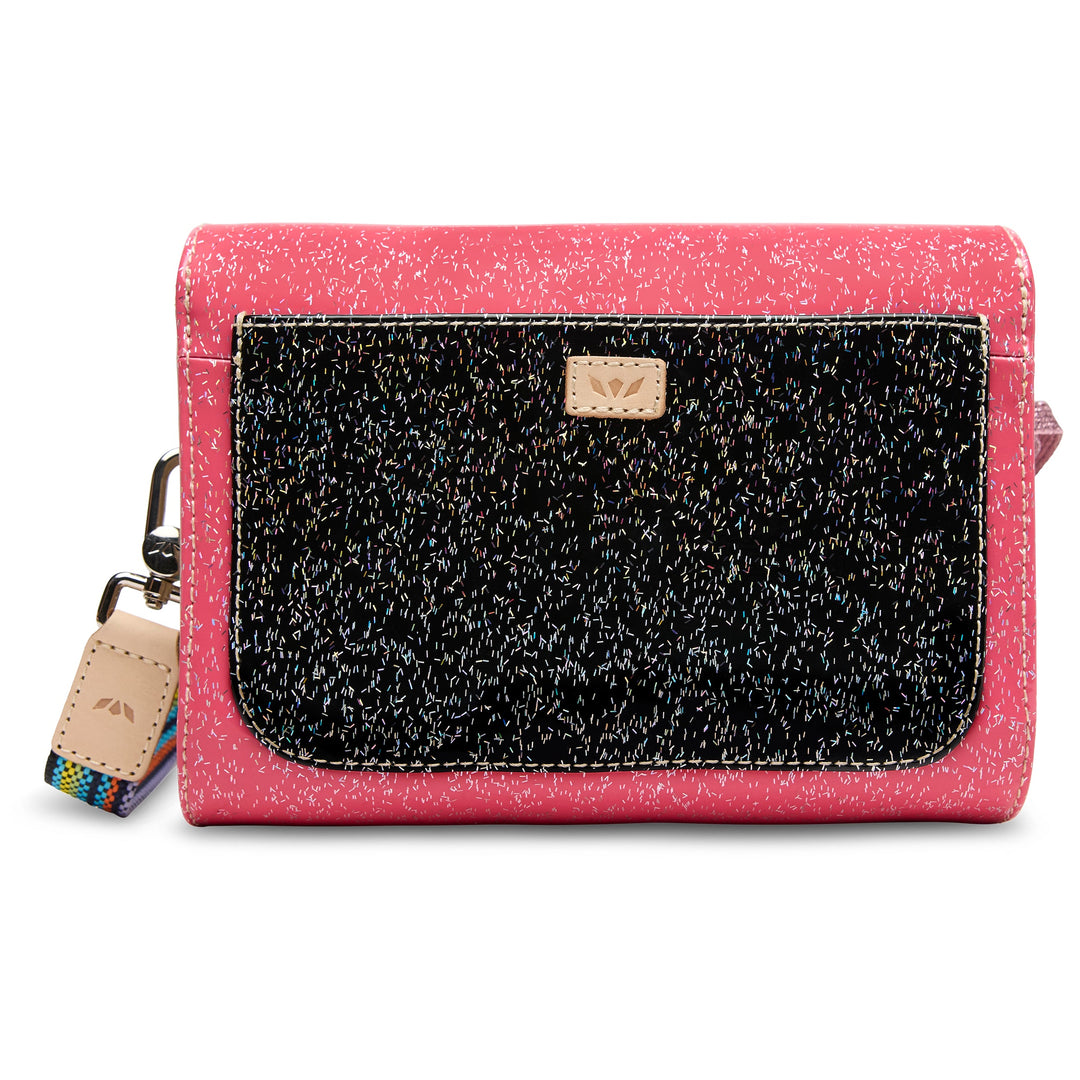Consuela Bae On The Town mini messenger bag featuring a multicolored glitter exterior.