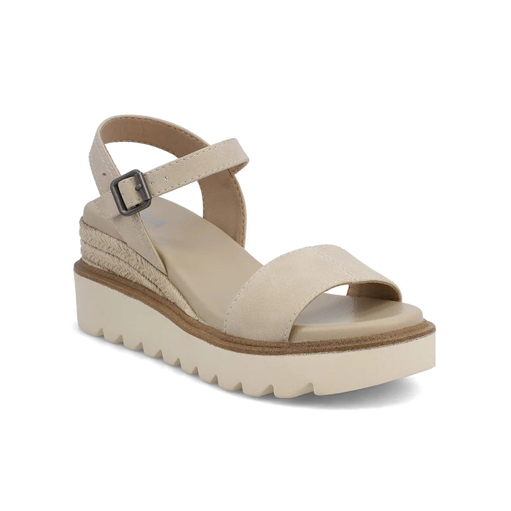 MIA Ophidia wedge sandal in Ecru featuring a vegan suede upper, braided raffia trim, and an ankle strap.