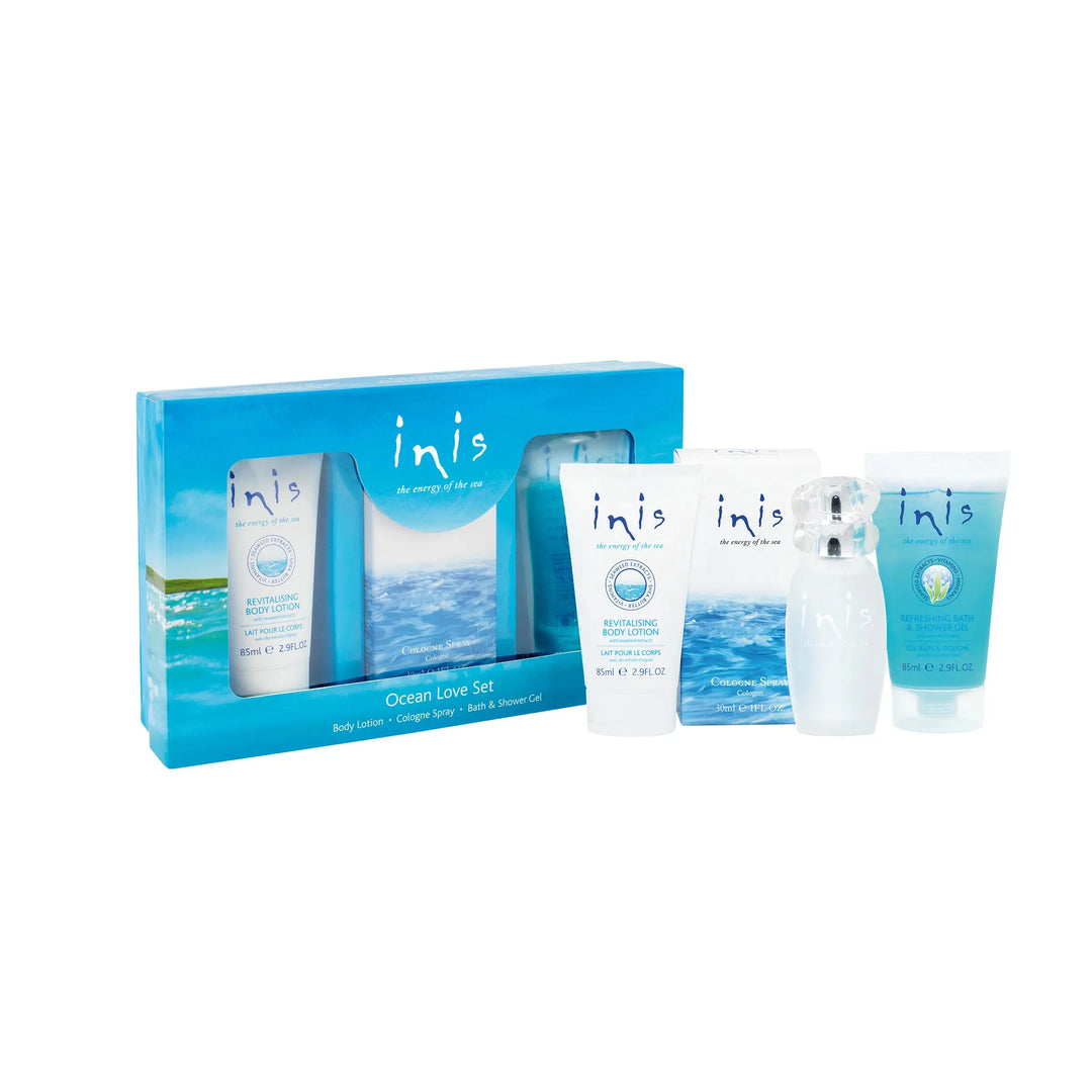 Inis Ocean Love Set gift box featuring a blue and white coastal design with cologne, shower gel, and body lotion inside.