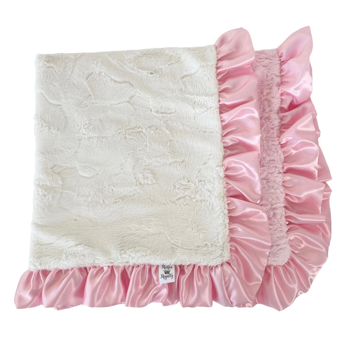 Rockin Royalty Girly Girl Cuddle Blanket; a plush pink faux fur baby blanket with a matching ruffled satin border.