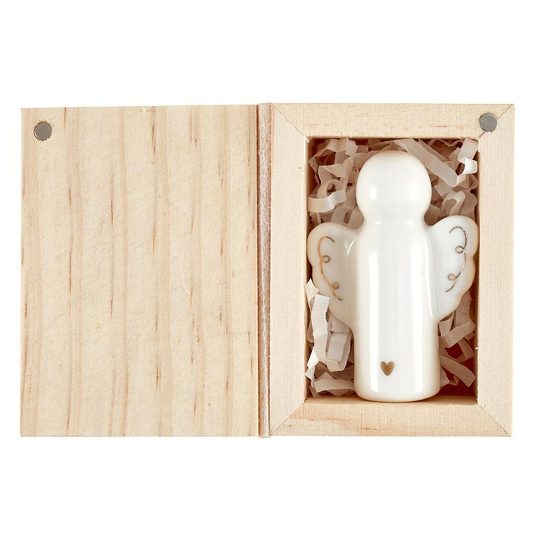 Angel Ceramic Figurine In Pine Wood Box