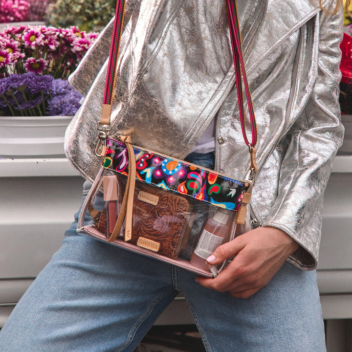 Consuela Clear Midtown Crossbody in Sophie featuring a transparent body, printed trim, and woven strap.