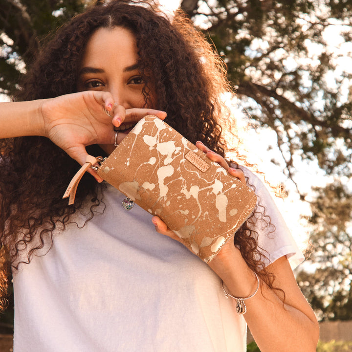 Consuela Beau Essential Wallet featuring a metallic hand-splattered leather suede exterior.