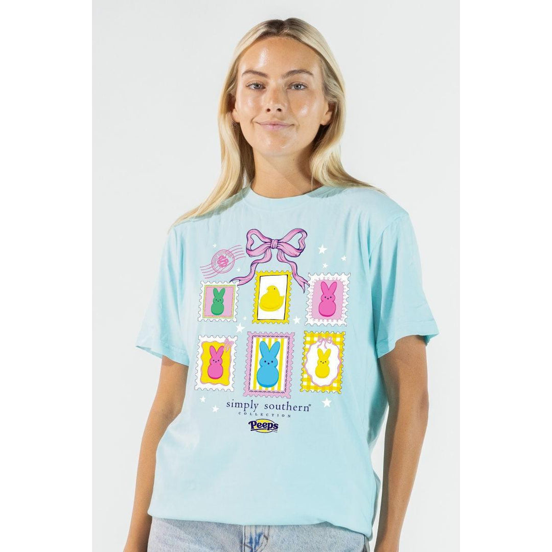 Simply Southern Peeps Stamps Adult Shirt - Aegean Blue Easter Tee