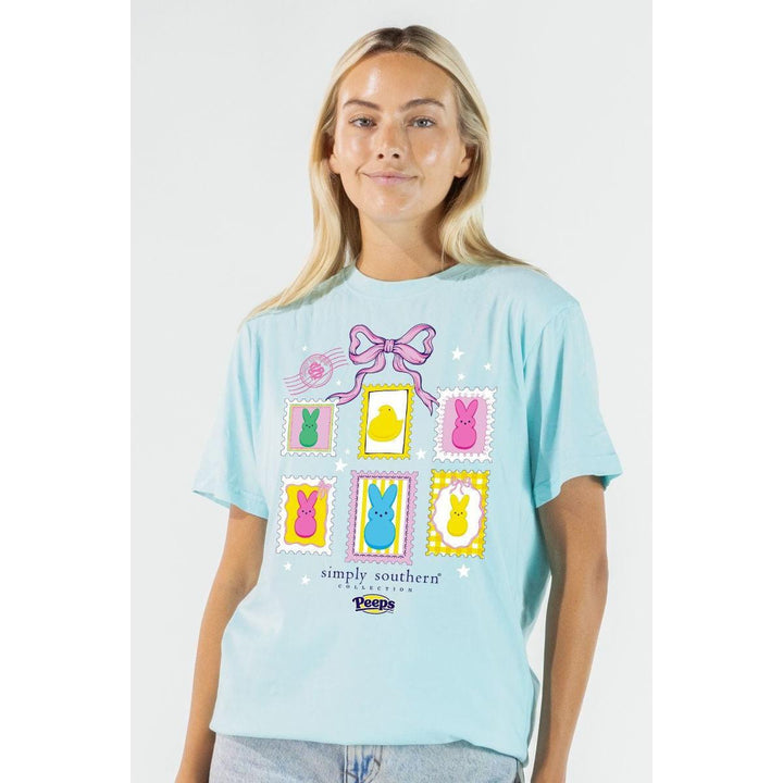 Simply Southern Peeps Stamps Adult Shirt - Aegean Blue Easter Tee