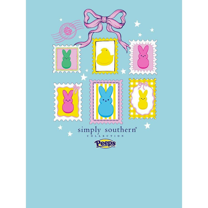 Simply Southern Peeps Stamps Adult Shirt - Aegean Blue Easter Tee