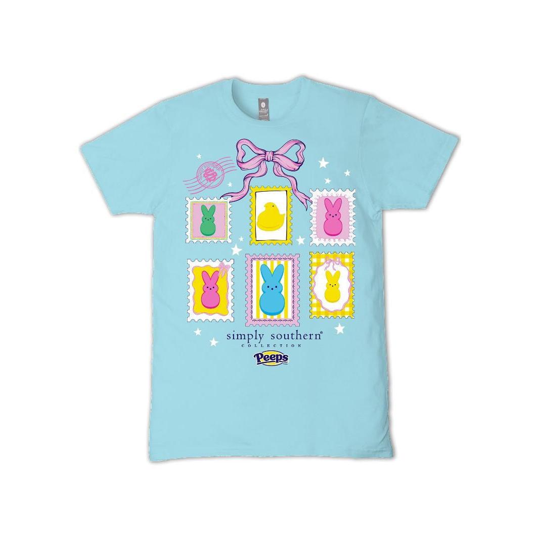 Front view of an Aegean Blue Simply Southern Adult T-Shirt featuring a grid of colorful Peeps bunnies styled as postage stamps.