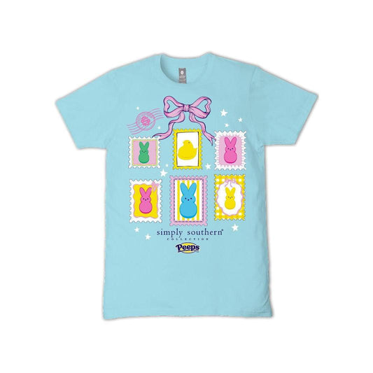 Front view of an Aegean Blue Simply Southern Adult T-Shirt featuring a grid of colorful Peeps bunnies styled as postage stamps.