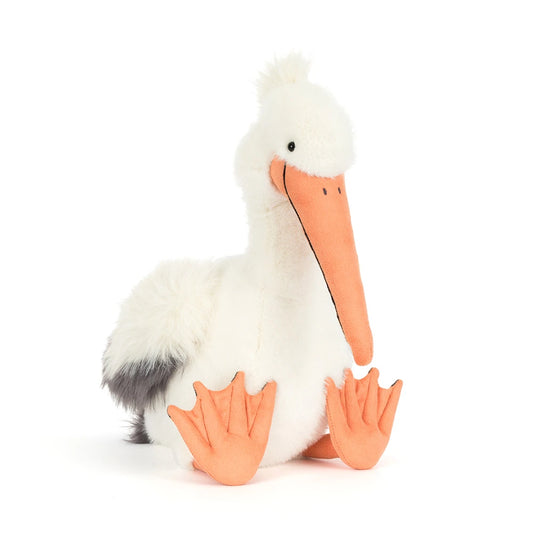 Jellycat Keli Pelican plush animal toy with a large soft beak, wings, and dangling legs.