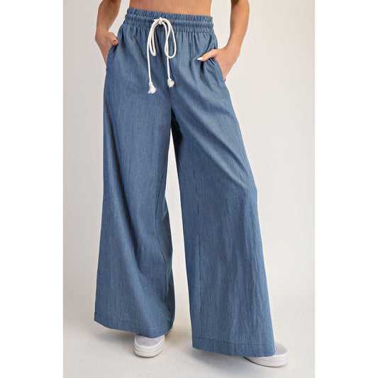 Mary Kate  Washed Pinstriped Tie Waist Wide Leg Pants