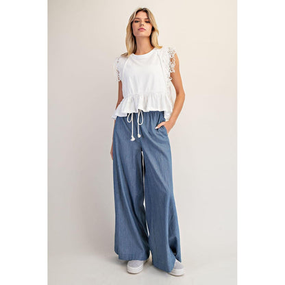 Mary Kate  Washed Pinstriped Tie Waist Wide Leg Pants