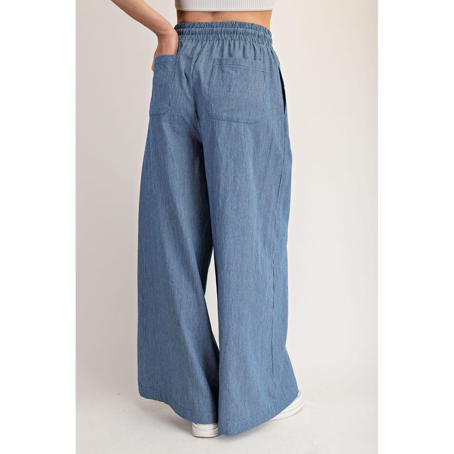 Mary Kate  Washed Pinstriped Tie Waist Wide Leg Pants