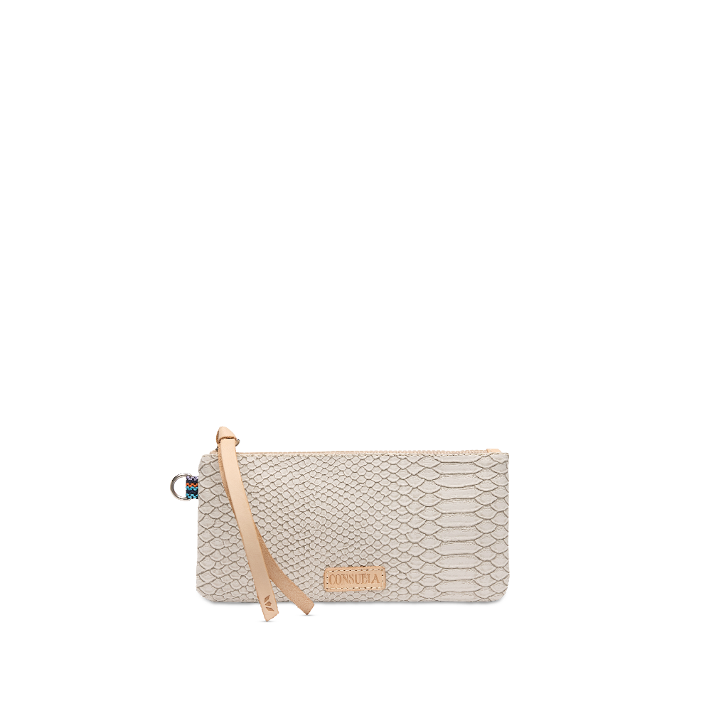 Consuela Thunderbird Pop Pouch with reptile-print exterior and Diego natural leather zipper pull