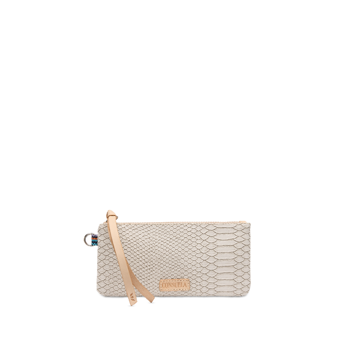 Consuela Thunderbird Pop Pouch with reptile-print exterior and Diego natural leather zipper pull