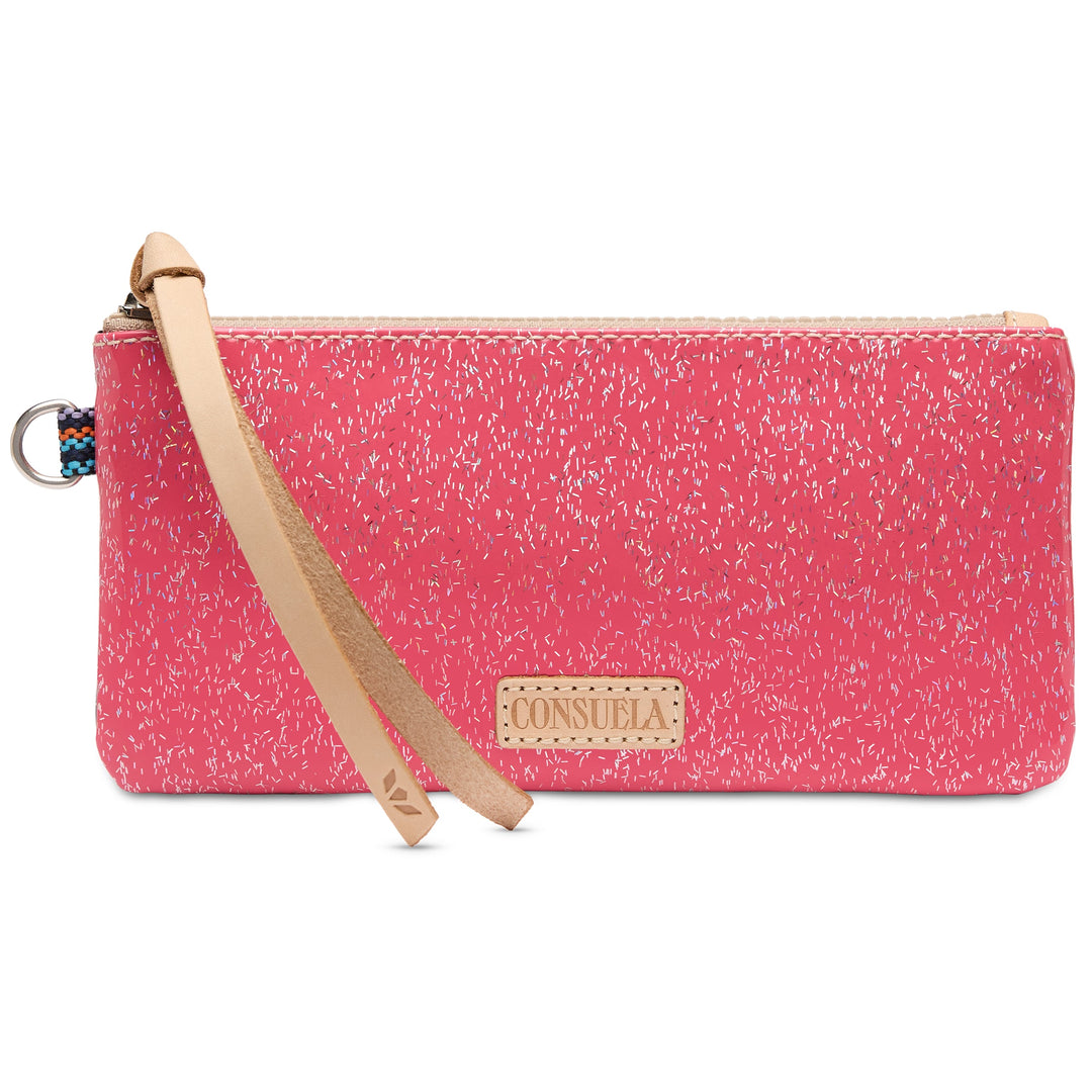 Consuela Bae Pop Pouch featuring a multicolored glitter exterior and natural leather zipper pull.