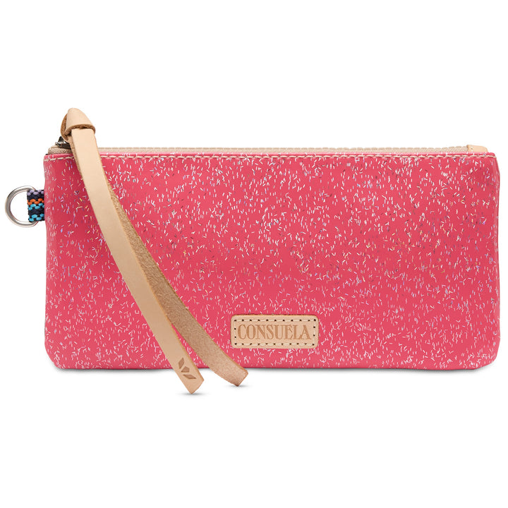 Consuela Bae Pop Pouch featuring a multicolored glitter exterior and natural leather zipper pull.