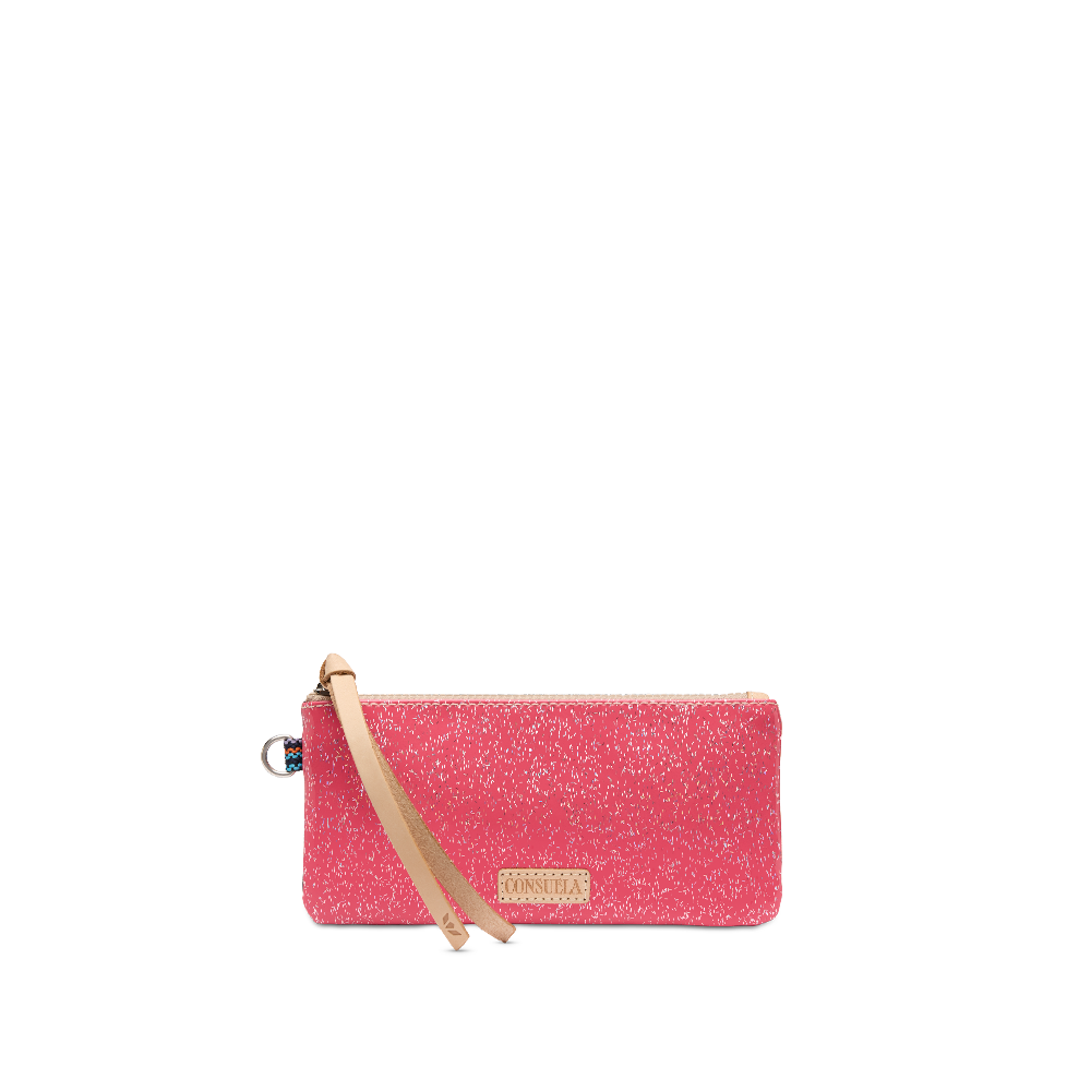 Consuela Bae Pop Pouch featuring a multicolored glitter exterior and natural leather zipper pull.