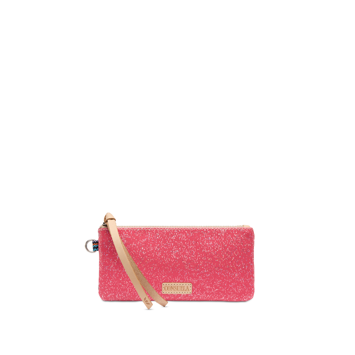 Consuela Bae Pop Pouch featuring a multicolored glitter exterior and natural leather zipper pull.