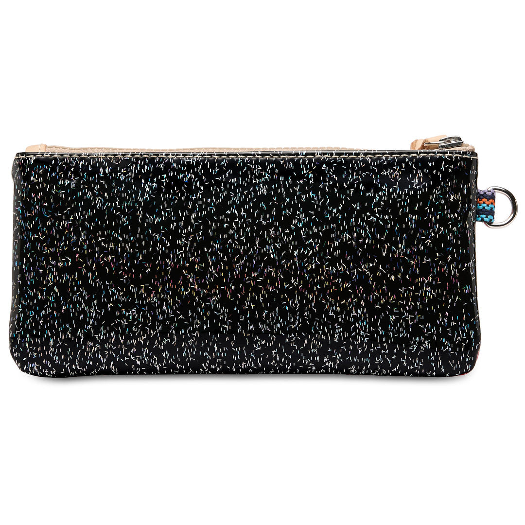 Consuela Bae Pop Pouch featuring a multicolored glitter exterior and natural leather zipper pull.