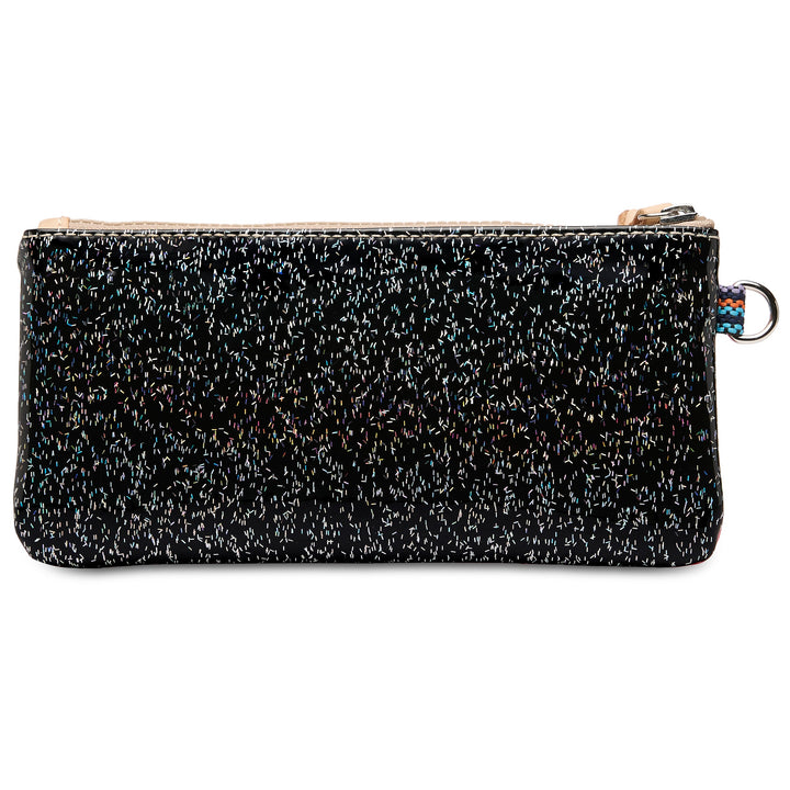 Consuela Bae Pop Pouch featuring a multicolored glitter exterior and natural leather zipper pull.