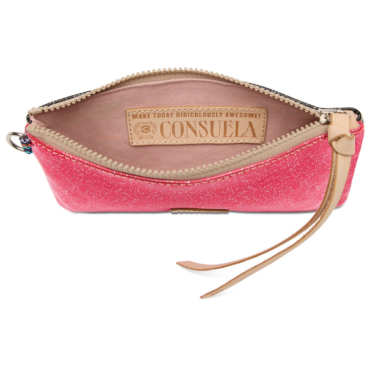 Consuela Bae Pop Pouch featuring a multicolored glitter exterior and natural leather zipper pull.