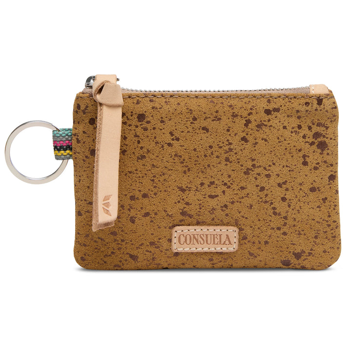 Consuela Cider Pouch in metallic gold suede with natural leather zipper pull and logo