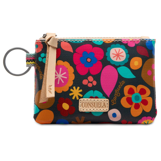 Consuela Amelie Pouch featuring a vibrant multi-colored floral print with a natural leather logo and key ring.