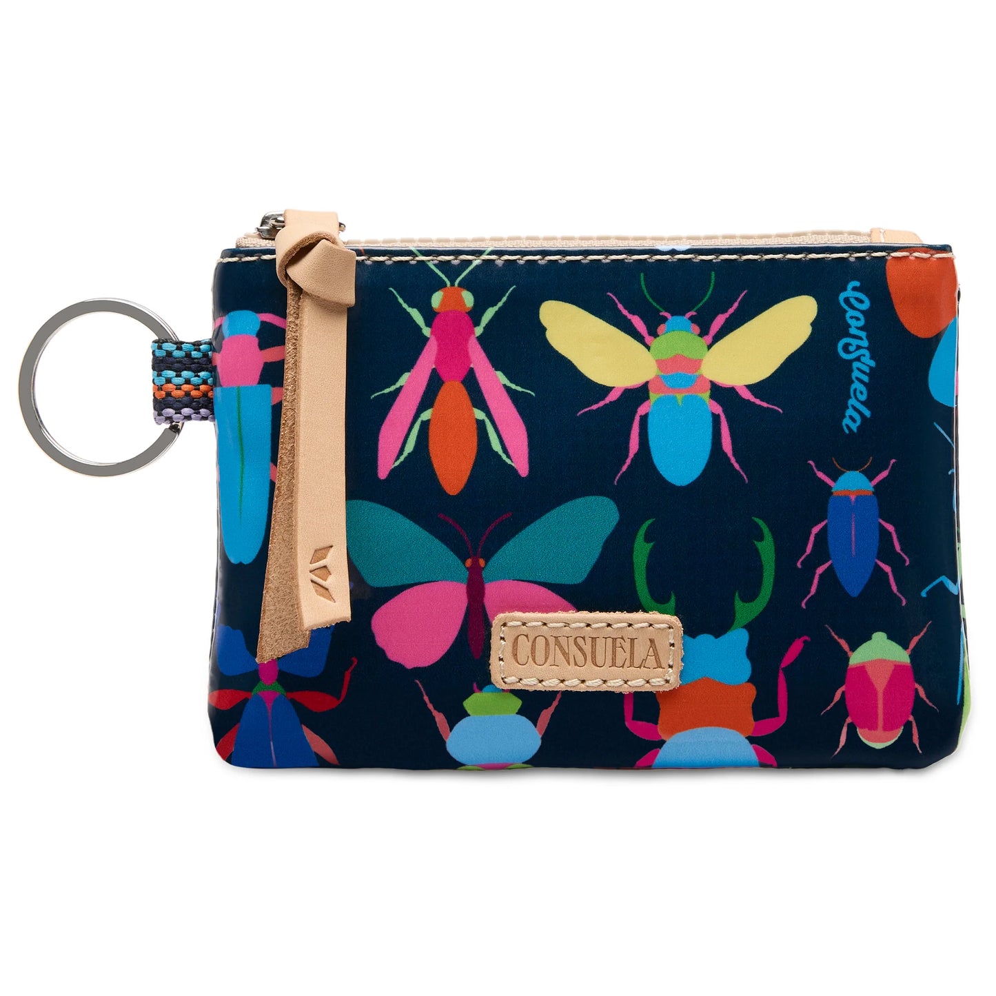 Consuela Gemma Pouch in navy blue with a colorful bug pattern and a natural leather logo accent and zipper pull.